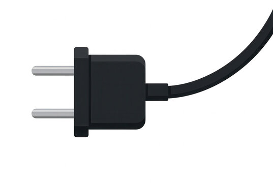 Una spina elettrica nera a due poli con cavo di alimentazione isolato su sfondo bianco, ideale per concetti di energia, tecnologia e connettivit&agrave; domestica.