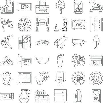 Diverse set of linear pictograms representing a wide variety of objects and concepts with thin outline style, suitable for digital and print design projects