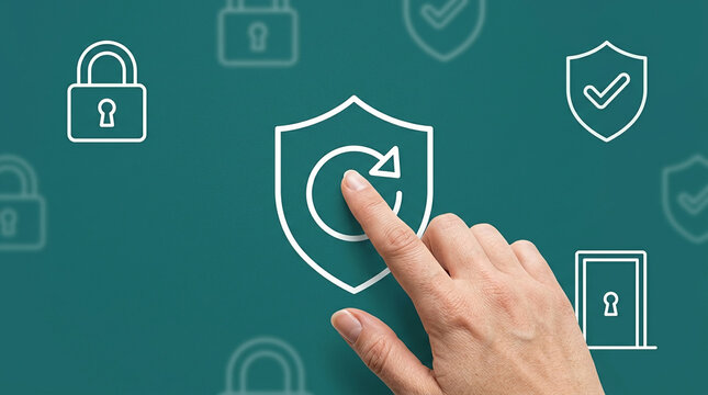 Hand touching digital shield icon with refresh arrow symbolizing cybersecurity, data protection, and system updates for modern business network safety