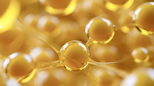 Abstract molecular structure showing interconnected spheres in golden liquid