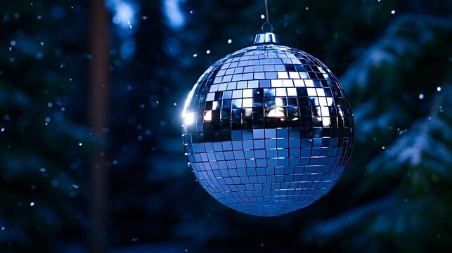 Disco ball hanging in snowy winter forest night