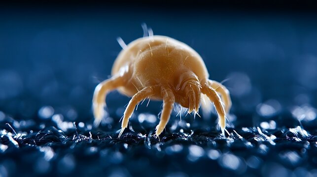 Dust mite dermatophagoides microscopic creature on dark fabric