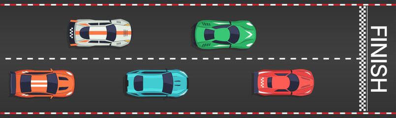 Fototapeta premium Top view racing track with colorful sports cars, finish line and checkered border vector banner