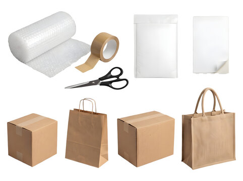 Eco-friendly packaging and retail shipping supplies set with cardboard boxes bubble wrap and tote bag