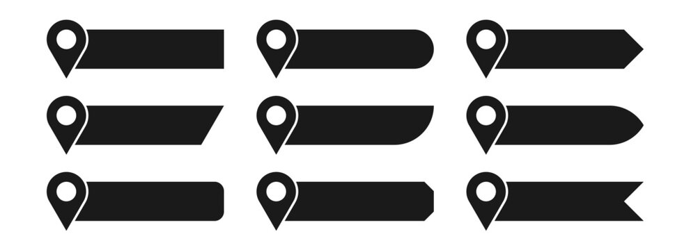 Map pin banners with location pointer labels, address text tag icons, navigation ribbon and gps marker callout templates. Vector isolated set