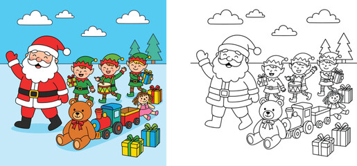 Fototapeta premium Cute Santa Claus and Elves with Toys Vector Illustration and Coloring Page for Kids Activity Book