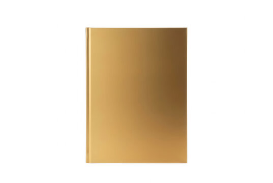 Un quaderno o diario con copertina rigida color oro metallizzato isolato su sfondo bianco, ideale per design editoriale, branding aziendale o progetti creativi di cancelleria di lusso.