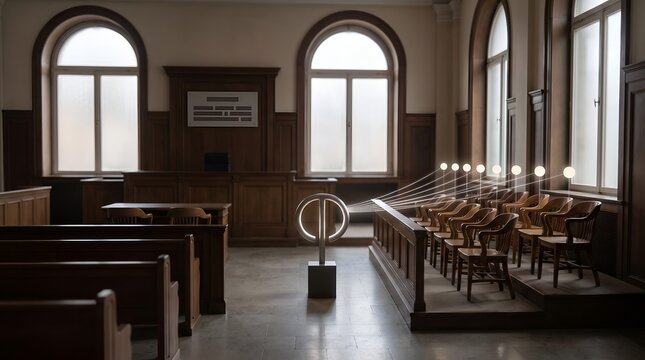 Legal system transparency and digital justice concept showing glowing pendulum in empty wooden courtroom