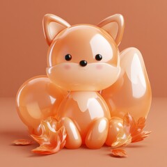 Naklejka premium A glossy puffy balloon fox is placed among vibrant leaves in a warm russet scene. It looks playful and inviting in the autumn atmosphere.