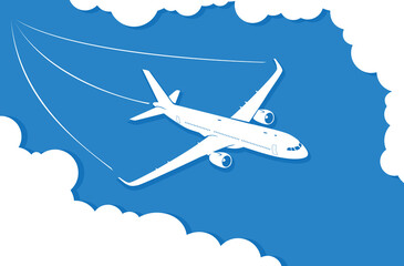 Naklejka premium Airplane descends through the blue sky between clouds, leaving a trail behind. Editable vector illustration.