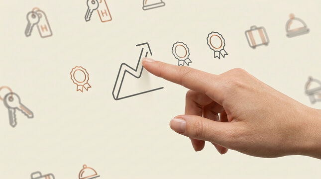 Business hand pointing at upward trend graph and hotel icons symbolizing growth and achievement in the hospitality and tourism industry sector.