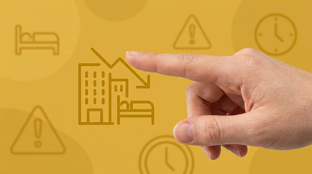 Hand Pointing at Hotel Icon with Downward Arrow Representing Decline in Hospitality Industry, Tourism Recession and Decreasing Occupancy Rates.