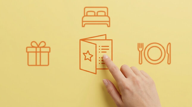 Hand Selecting Hospitality Services with Icons for Hotel Bed Dining and Gift on Yellow Background Representing Tourism and Guest Experience Concept