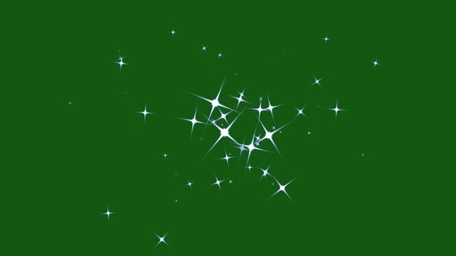 Glowing star particles bursting on green screen background, magic glint effect overlay, shining particles burst visual effect for chroma key video project and dynamic post production 4k video.