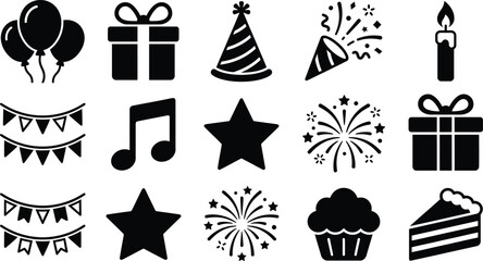 Naklejka premium Set of birthday and celebration party elements silhouette icons vector illustration with birthday symbols