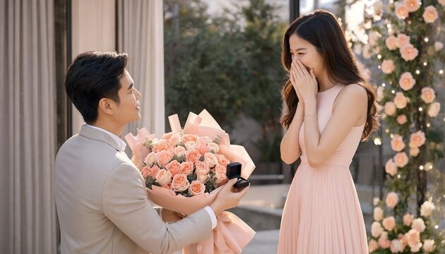 Young man proposing to his girlfriend with a ring and flowers at home