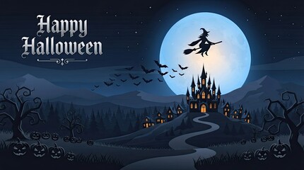 Fototapeta premium Halloween witch flying on broomstick over spooky town at night with full moon