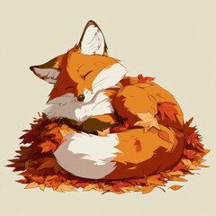 Naklejka premium A fox lies curled up in a pile of autumn leaves surrounded by vibrant colors. It enjoys a moment of rest in a colorful forest.