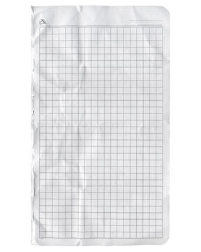 Natural checkered crumpled paper page isolated. Old squared notebook blank paper texture.