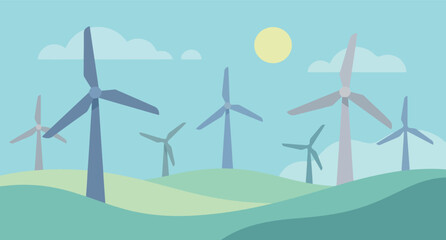 Fototapeta premium Rolling hills with wind turbines and a bright sun in a cartoon style