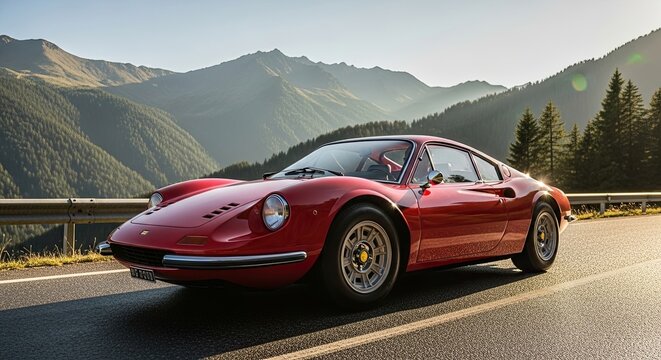 Vintage Red Sports Car on Mountain Road.