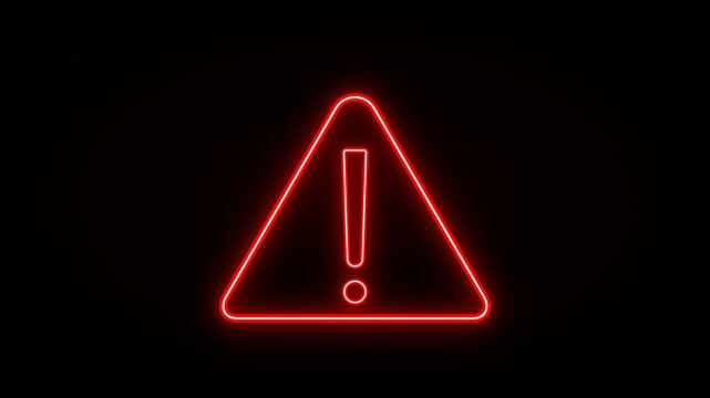 Glowing Red Neon Warning Triangle Sign with Exclamation Mark Isolated on Dark Background