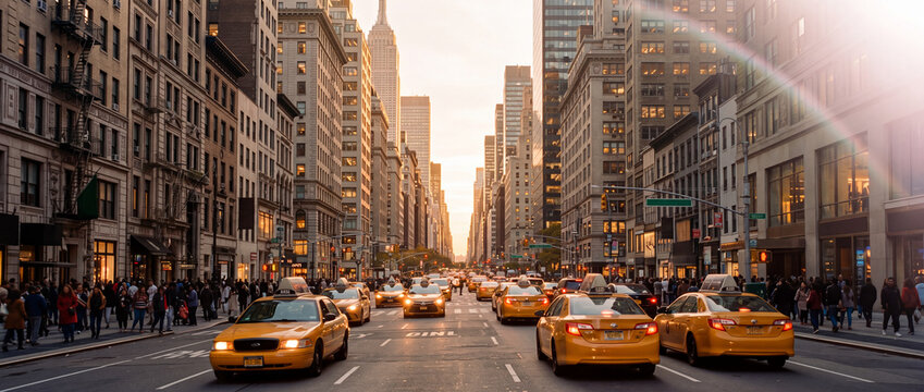 Yellow taxi cabs on busy city avenue during golden hour sunset with bustling traffic, historic skyscrapers, and sidewalk crowds, perfect for New York travel and lifestyle themes