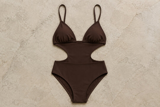 Minimalist monokini swimsuit laid flat on a textured stone surface.