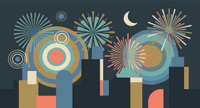 Abstract geometric composition with colorful circles and radiating lines on dark background