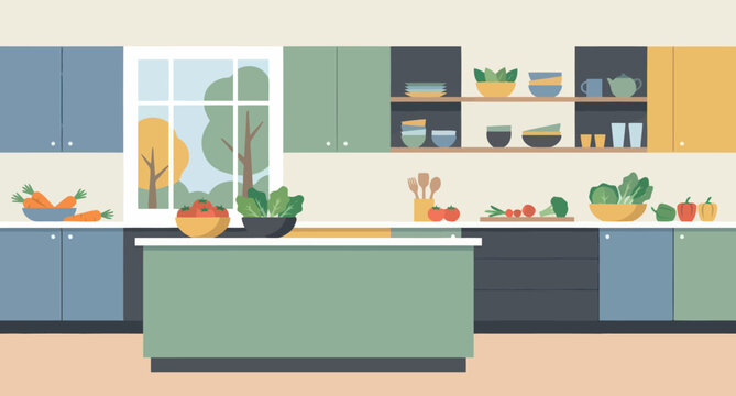 Modern kitchen interior with colorful cabinets and natural light from a window