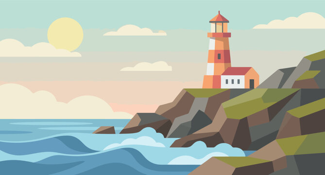 Coastal lighthouse illustration with rocky cliffs and a vibrant ocean view