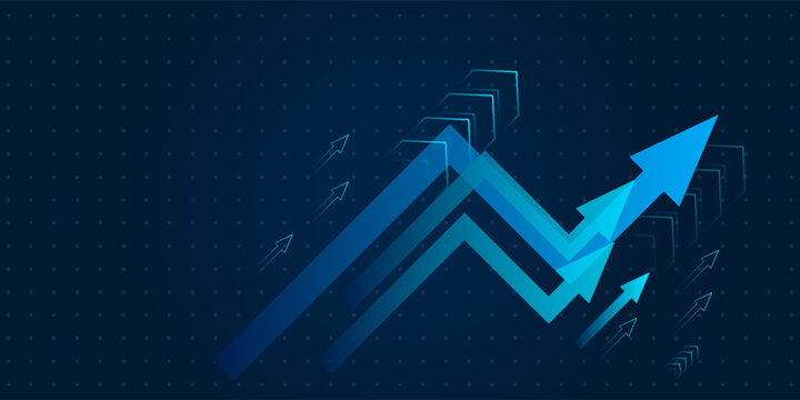 Blue business growth arrows vector background illustration, futuristic digital stock market upward arrow chart backdrop for corporate financial presentation slide, technology banner, and report header