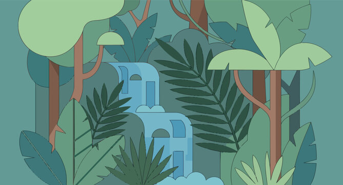 Abstract tropical landscape with a waterfall and lush green foliage illustration