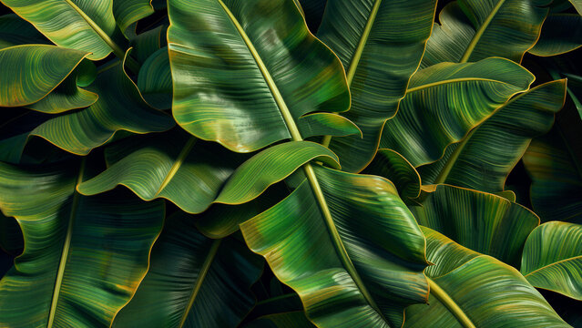 A close-up view of lush green banana leaves with yellow edges