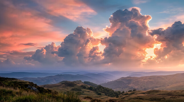Dramatic sunset over rolling hills with golden clouds and vibrant sky landscape background