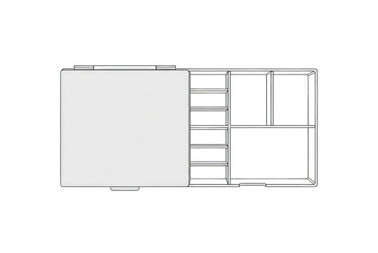 Uma caixa organizadora de pl&aacute;stico branca com divis&oacute;rias internas, vista de cima, ideal para armazenamento de pequenos objetos, acess&oacute;rios, joias ou suprimentos de escrit&oacute;rio em um design minimalista.