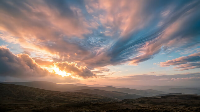 Dramatic sunset over rolling hills with golden light and colorful clouds in the sky.