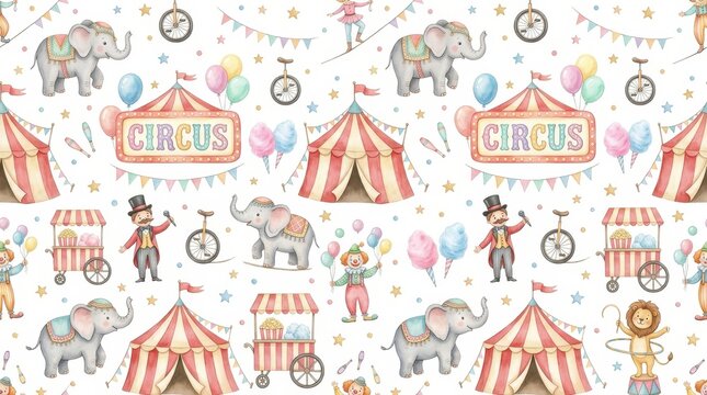 Watercolor Circus Seamless Pattern with Elephants, Tents, Clowns, and Lion for Kids Nursery Decor and Party Supplies