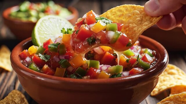 Hand dipping crunchy tortilla chip into fresh Mexican pico de gallo salsa with lime on rustic wood.