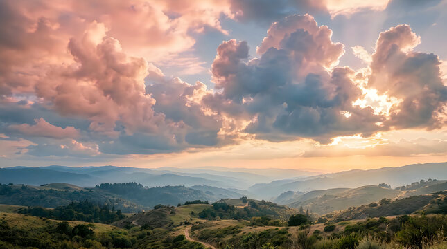 Dramatic sunset over rolling hills with golden light and fluffy clouds in the sky