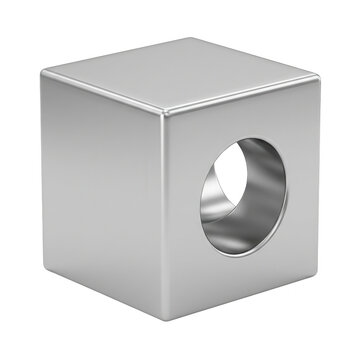 Um cubo met&aacute;lico prateado tridimensional com um orif&iacute;cio circular central, isolado sobre um fundo branco, ideal para design industrial, engenharia e representa&ccedil;&otilde;es conceituais de precis&atilde;o.