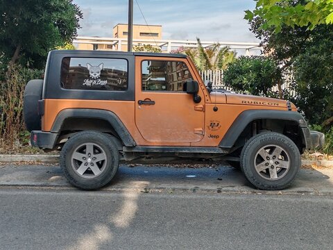 Rome, Italy - August 19, 2026, a Jeep Wrangler Rubicon, the most extreme and high-performance off-road trim in the Wrangler range, designed for maximum off-road capability.