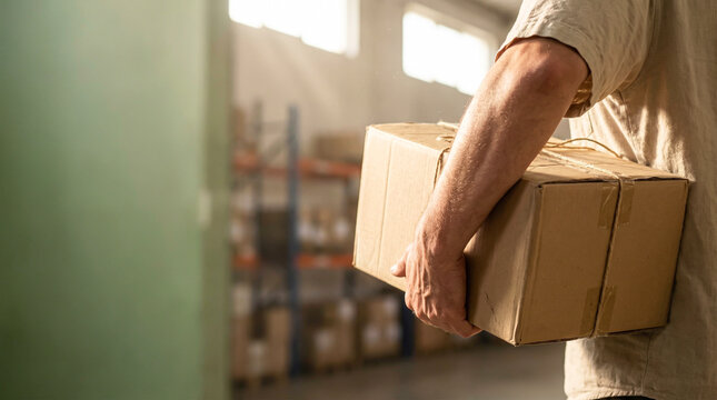 Close up of male arms holding cardboard box tied with rope inside a warehouse