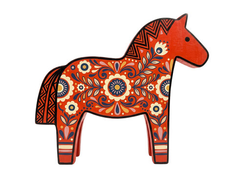 Um cavalo Dala sueco tradicional de madeira pintado de vermelho com padr&otilde;es florais decorativos detalhados, isolado em um fundo branco puro para design e decora&ccedil;&atilde;o.