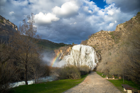 Majestic Krčić Waterfall with Rainbow and Stone Path in Knin Croatia