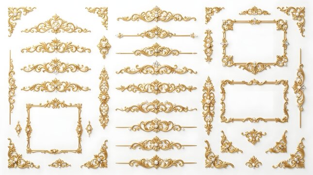 Set of luxury golden baroque decorative elements with pearls isolated on white background