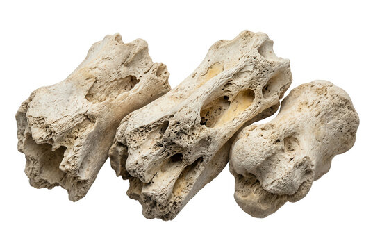 Tr&ecirc;s ossos de animais antigos e desgastados com textura porosa e superf&iacute;cie rugosa, isolados em um fundo branco puro, ideais para estudos cient&iacute;ficos, paleontologia ou decora&ccedil;&atilde;o r&uacute;stica.