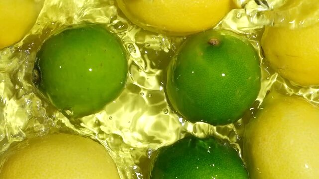 Whole lemons and limes splashing in clear water from above in slow motion