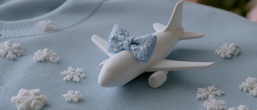 Toy passenger plane with a blue patterned bow rests on a light blue knitted fabric surrounded by artificial snowflakes during daytime