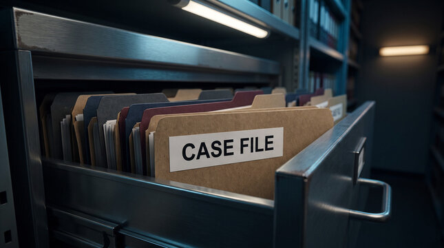Case files in secure archive, confidential records storage and forensic investigation concept